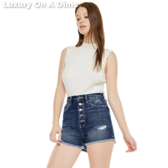 KanCan Button Fly Distressed Denim Ultra High-Rise Frayed Cut-Off Jean Shorts - Picture 4 of 13